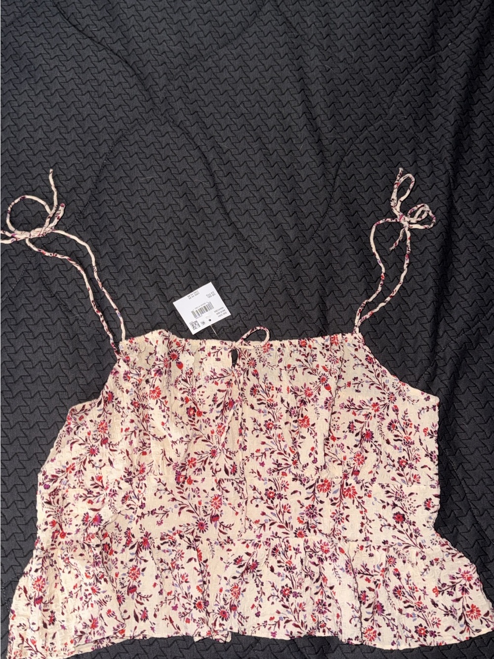 Floral Tie-Strap Crop Tank Top - Cream with Red & Pink Floral